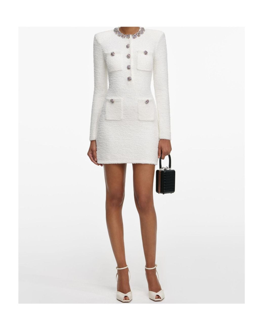 Self-Portrait White Trim Embellished Knit Mini Dress