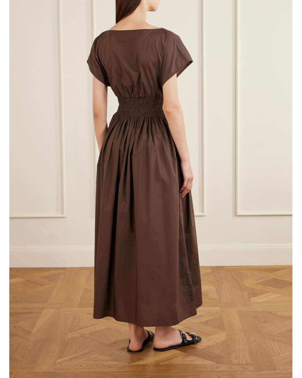 Matteau Brown Shirred Organic Cotton-Poplin Maxi Dress