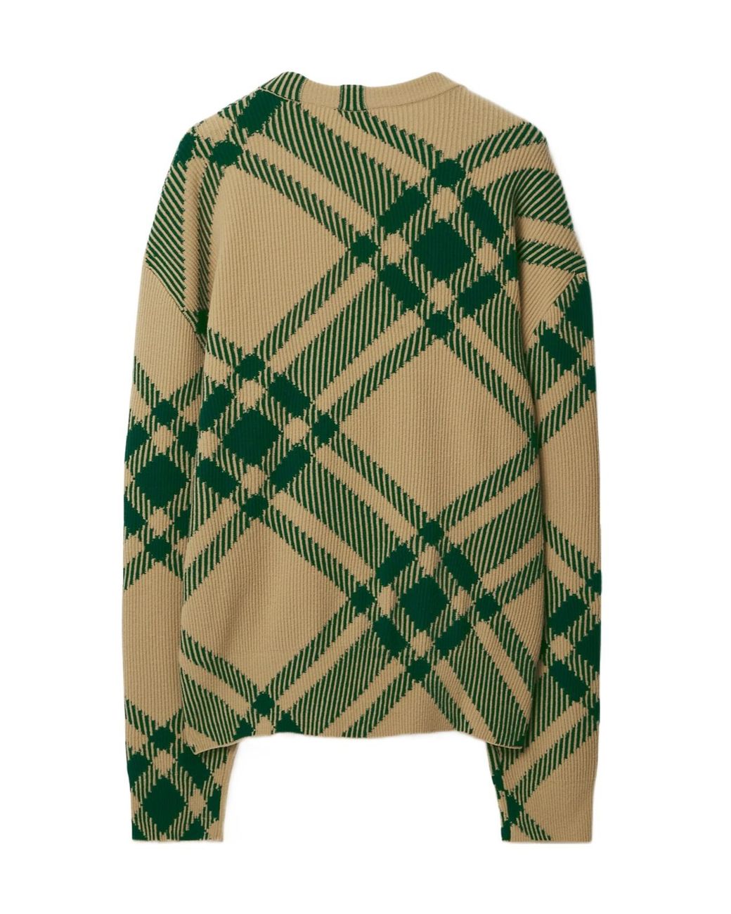 Burberry Green Checkered Intarsia Knit Crewneck Cardigan for men