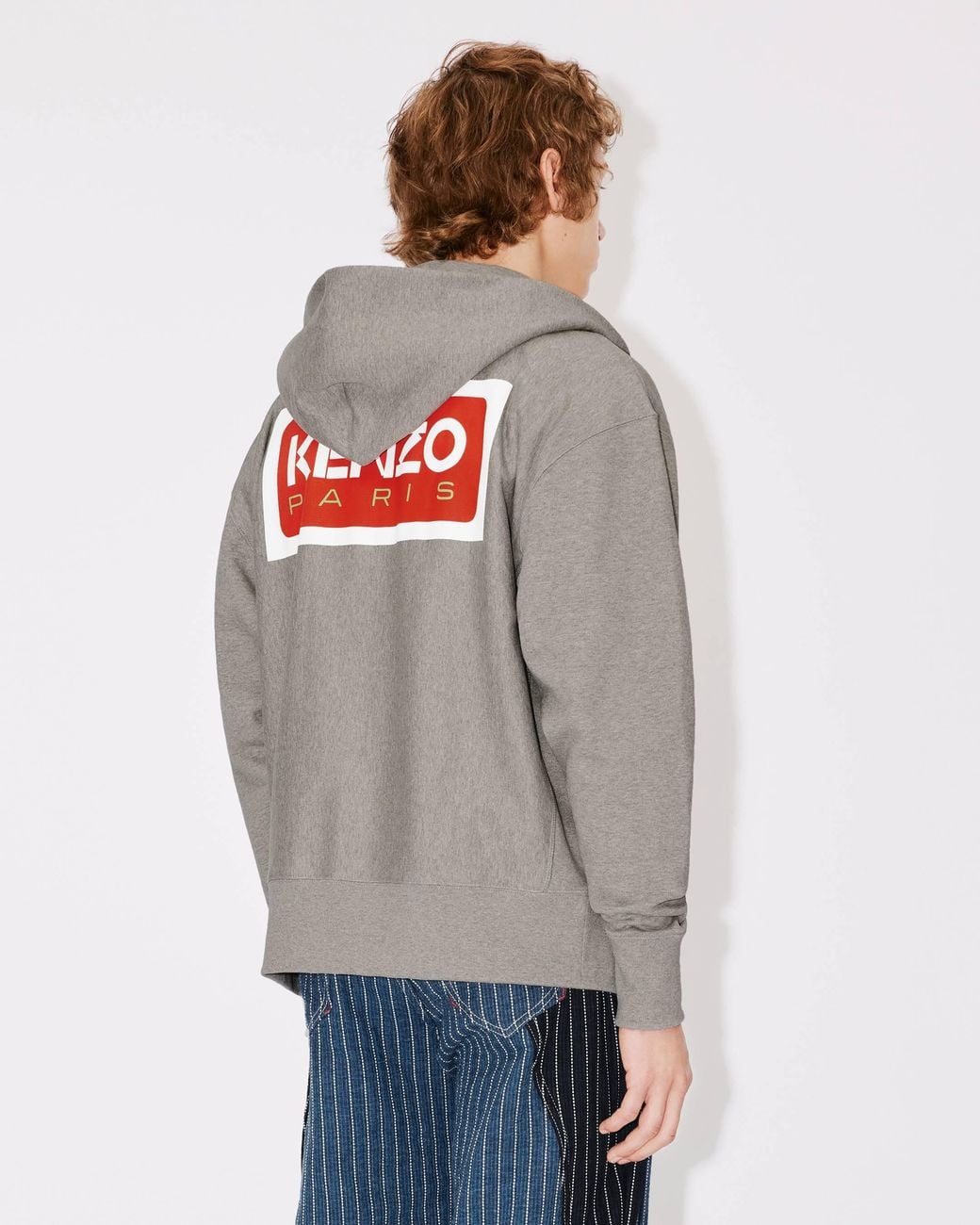 KENZO Gray Logo Embroidered Zip-Up Hoodie for men