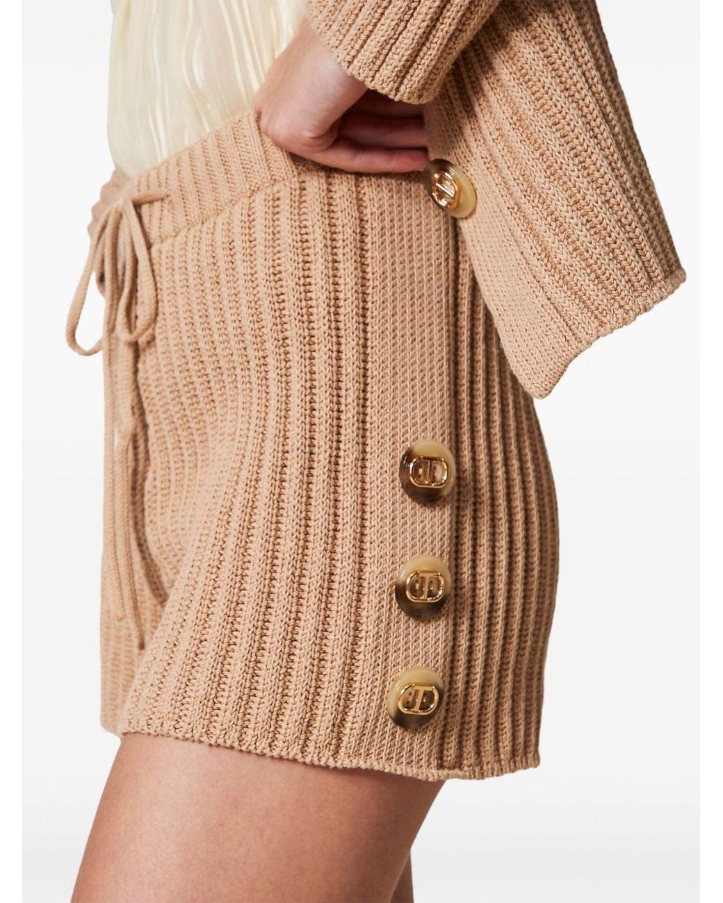 Twinset Natural Button-Detail Ribbed-Knit Shorts