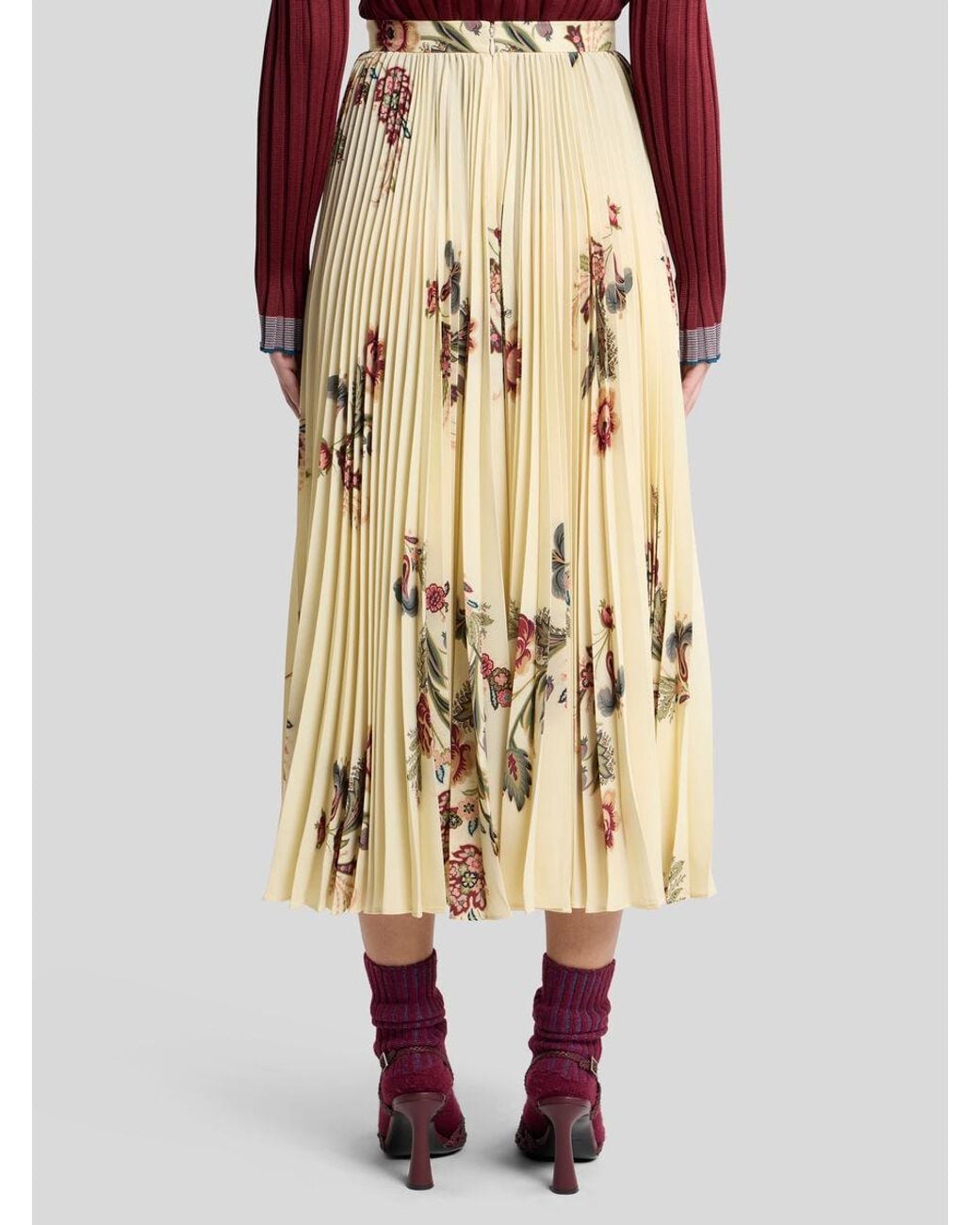 Etro Natural Floral Printed Pleated Midi Skirt