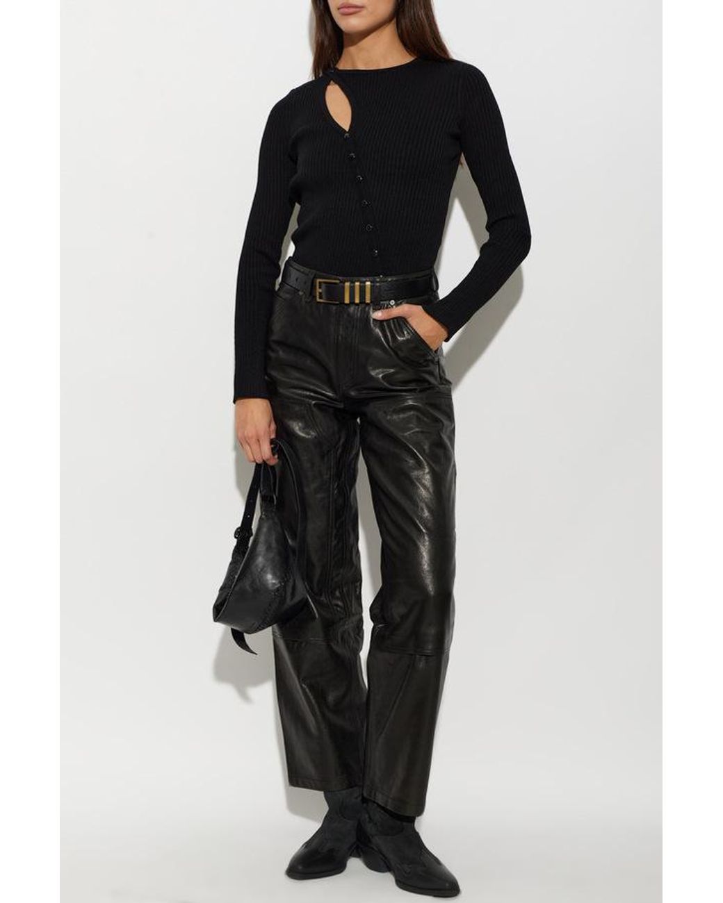 AllSaints Black Utility Leather Barrel Trousers