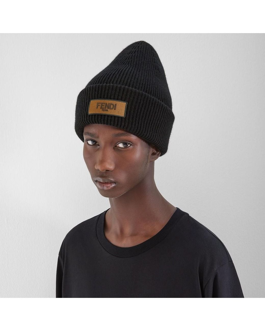Fendi Black Logo Patch Beanie for men