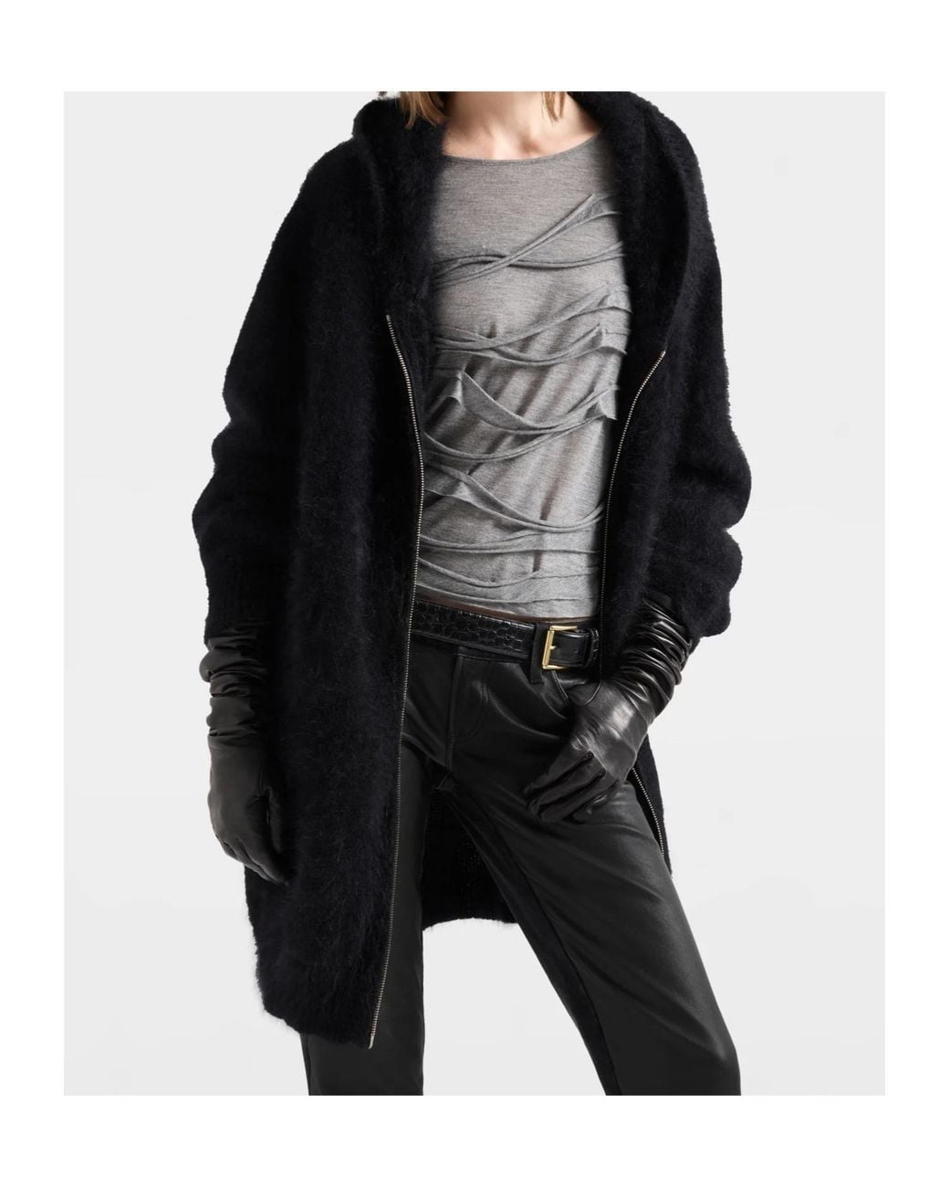 7 For All Mankind Black Fuzzy Zip Hooded Sweater