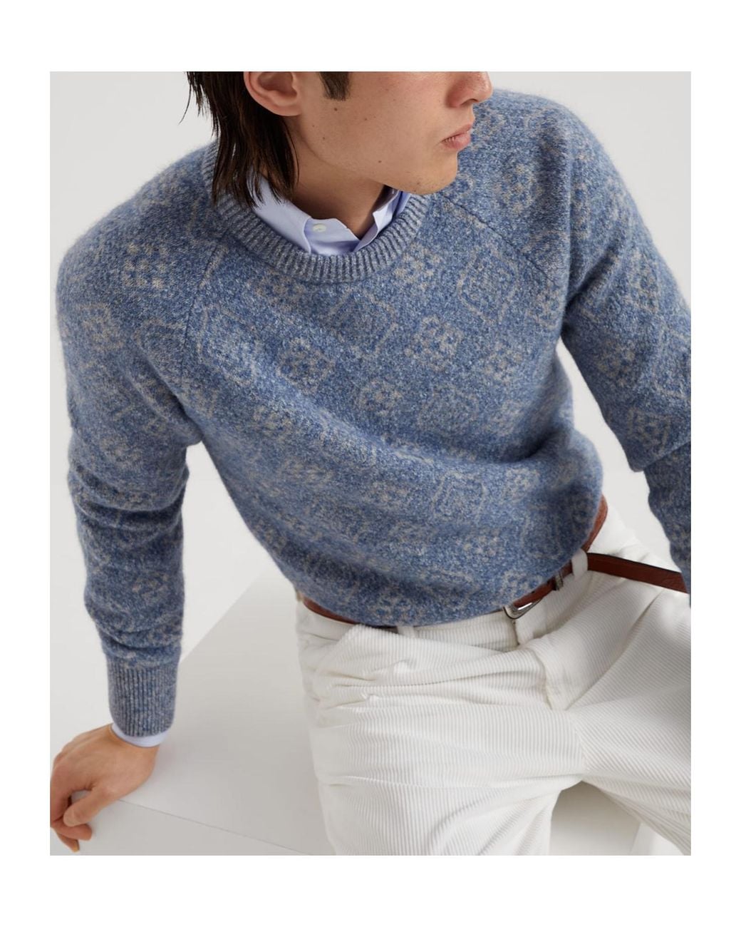 Brunello Cucinelli Blue Patterned Crewneck Jumper for men