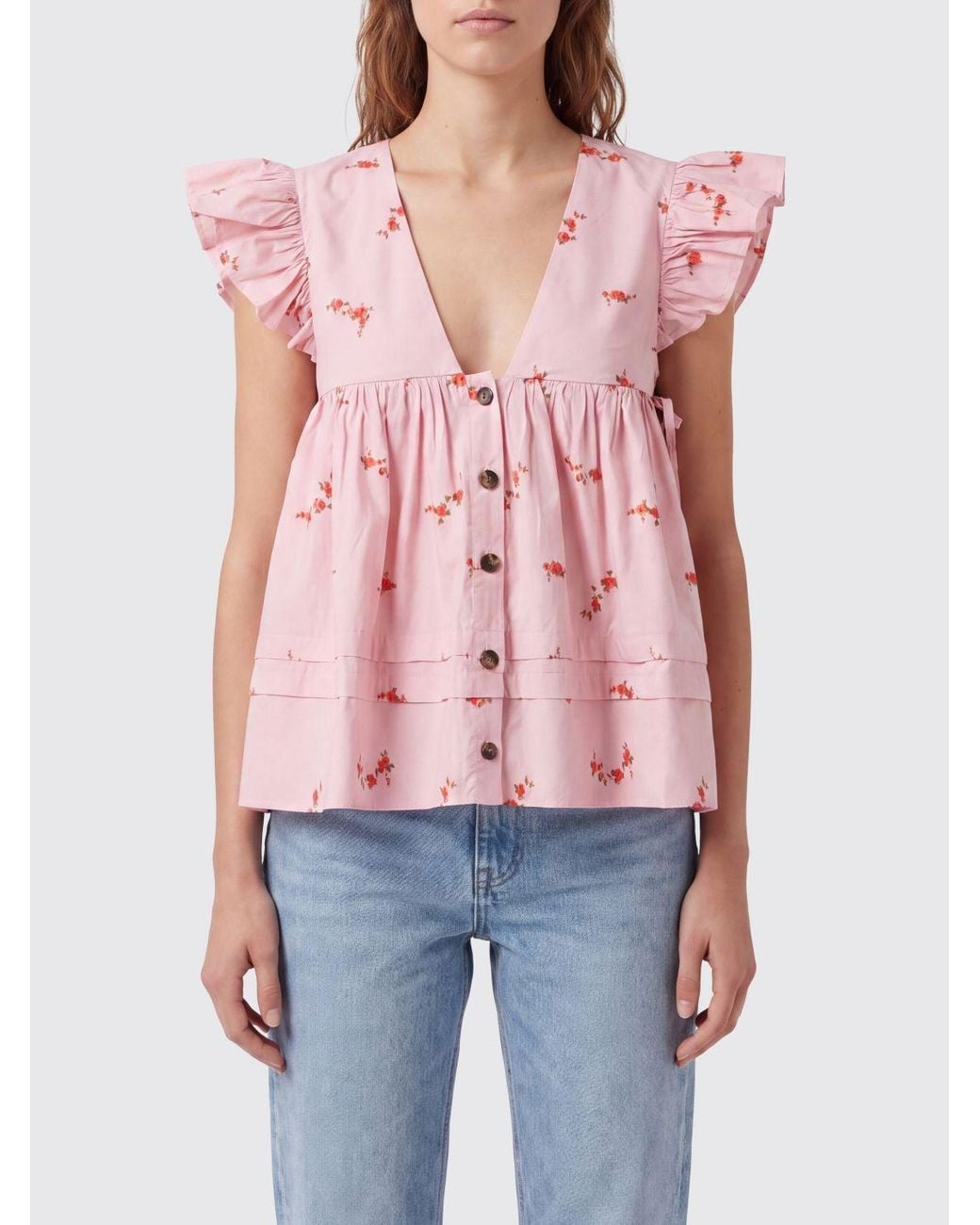 Ganni Pink Floral Pinted V-Neck Blouse