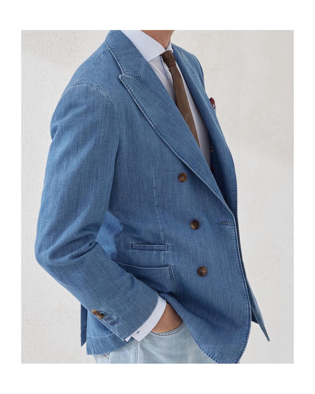 Brunello Cucinelli Blue Denim Double-Breasted Blazer for men