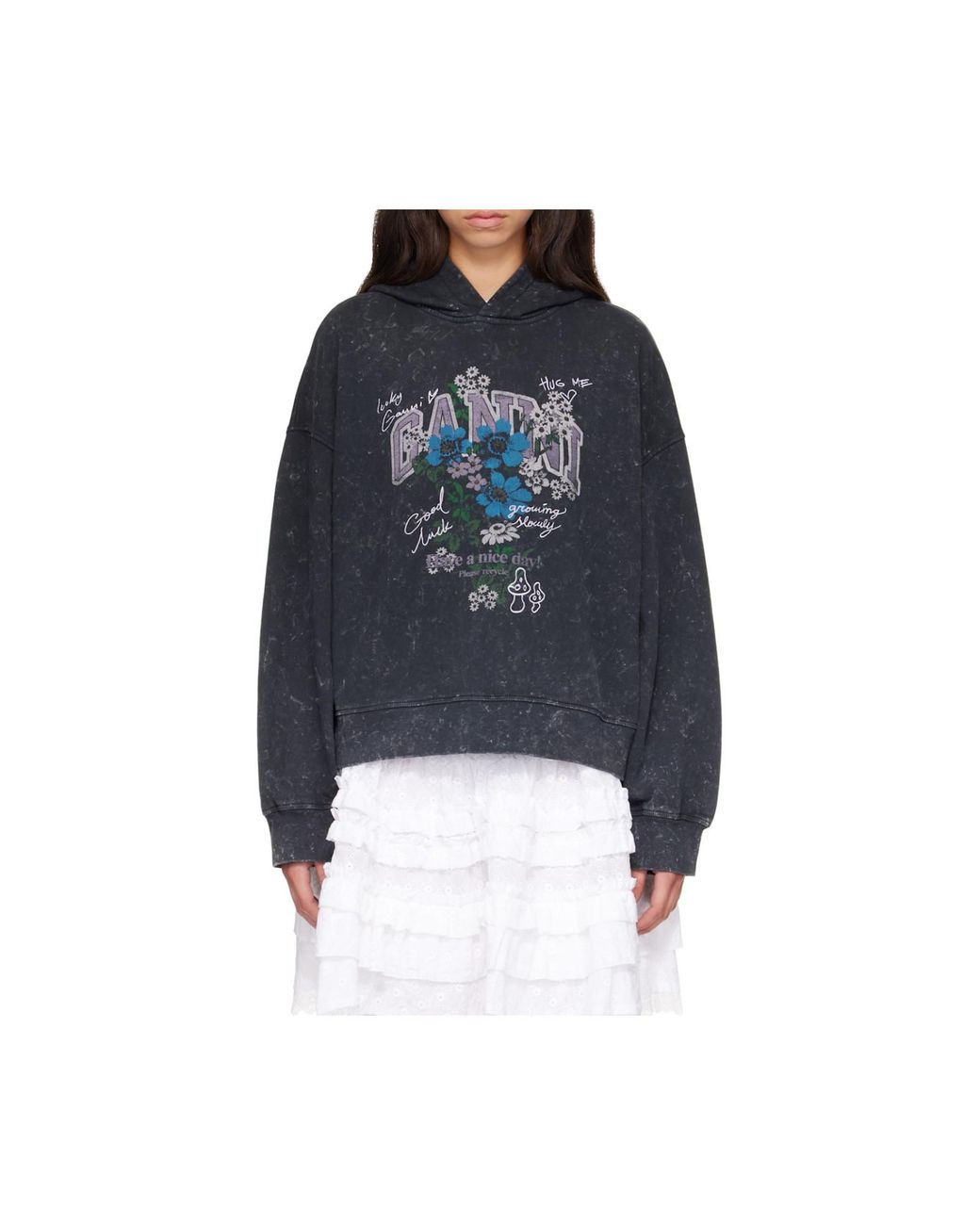 Ganni Black Isoli Cropped Printed Hoodie