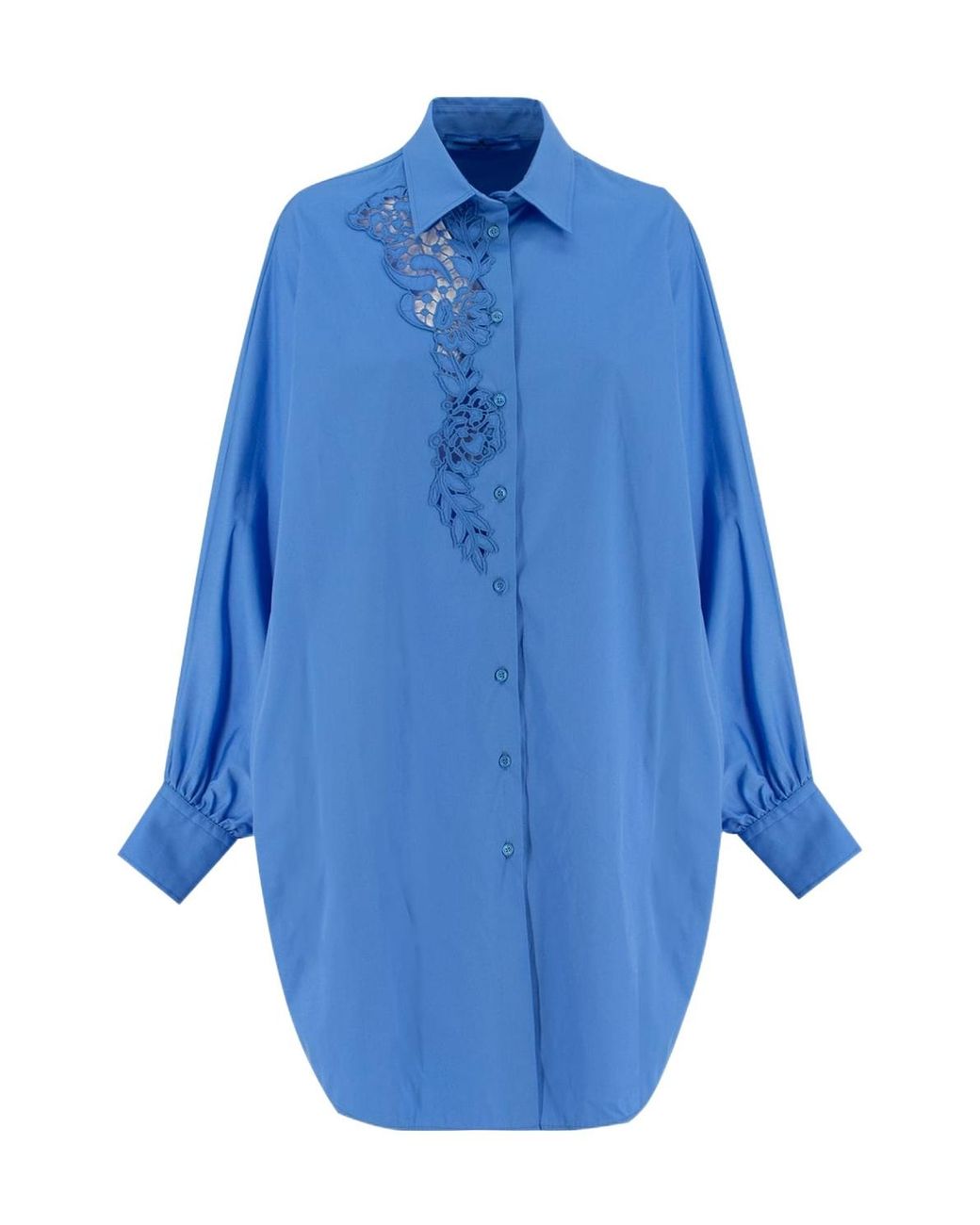 Ermanno Scervino Blue Floral Embroidered Curved Hem Shirt