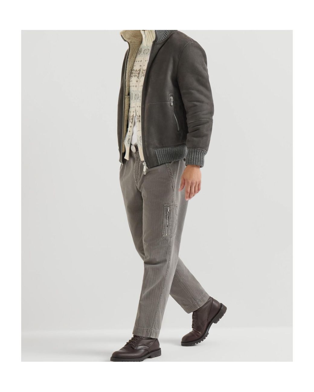 Brunello Cucinelli Gray Cotton Chevron Trousers With Zipped Pocket for men