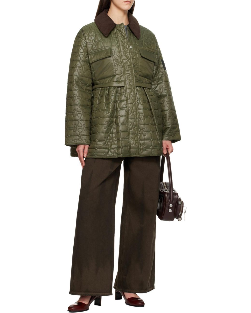 Ganni Green Quilt Midi Jacket