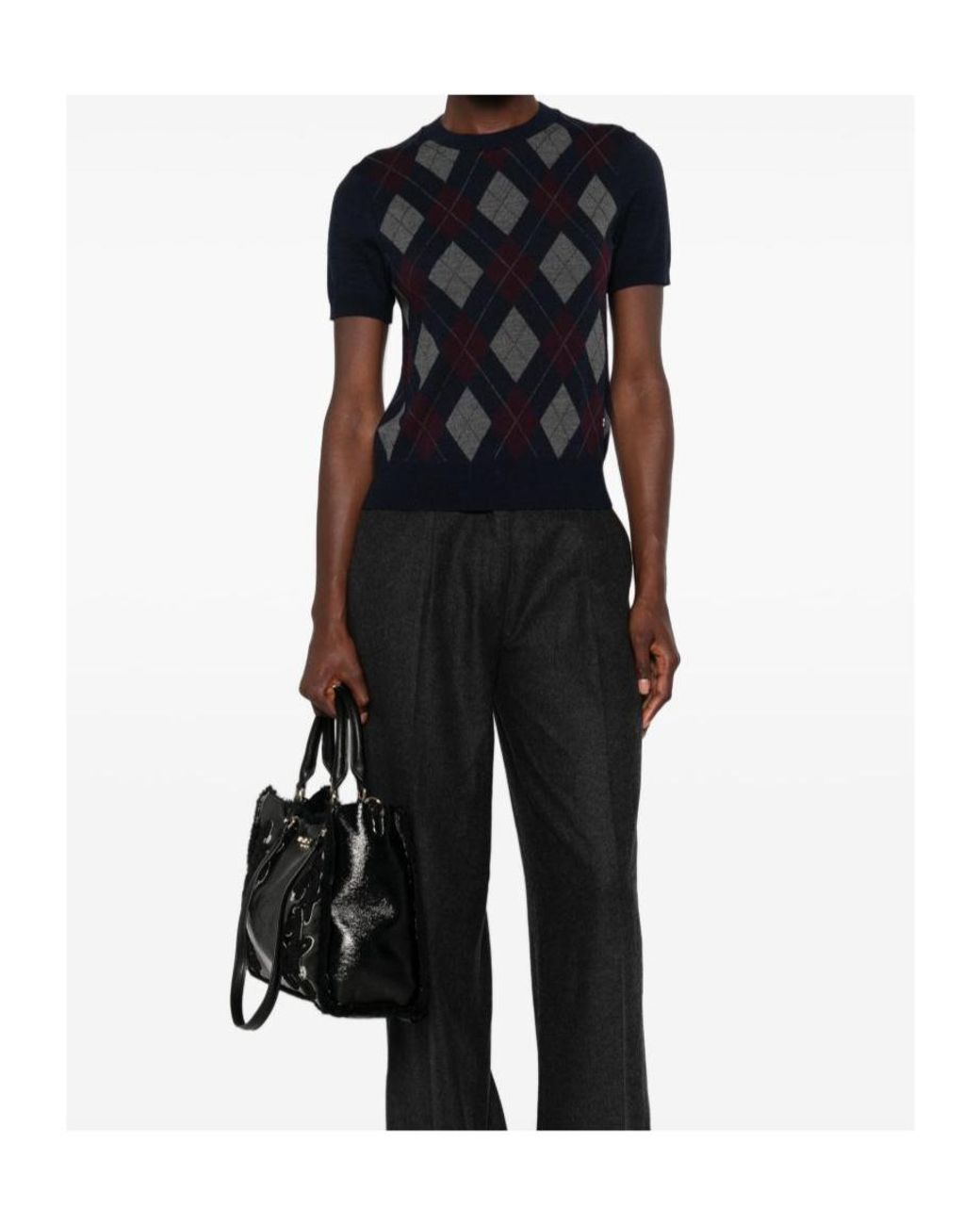 Tory Burch Blue Short-Sleeve Argyle Knitted Sweater