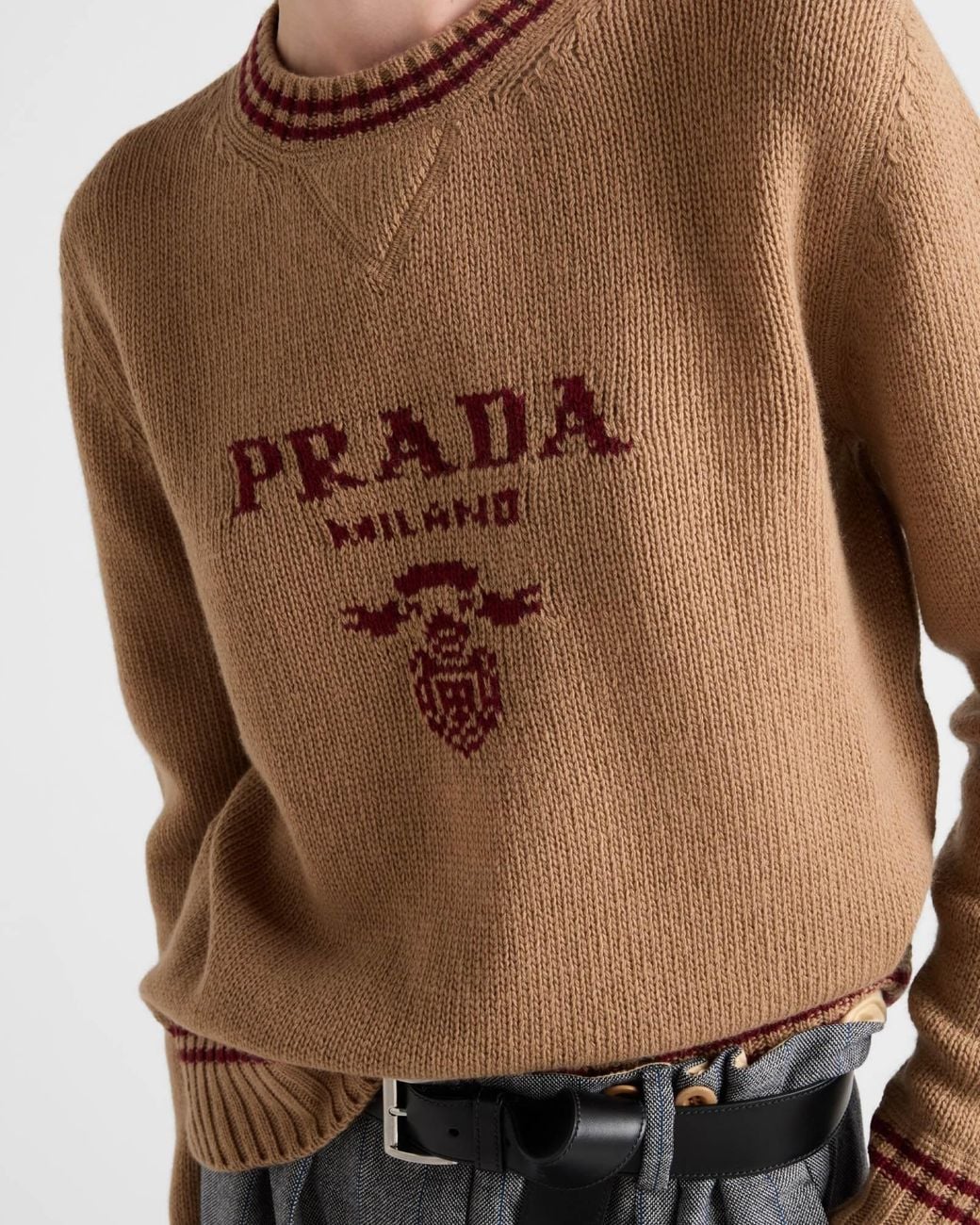 Prada Brown Logo-Intarsia Striped-Trim Crewneck Jumper