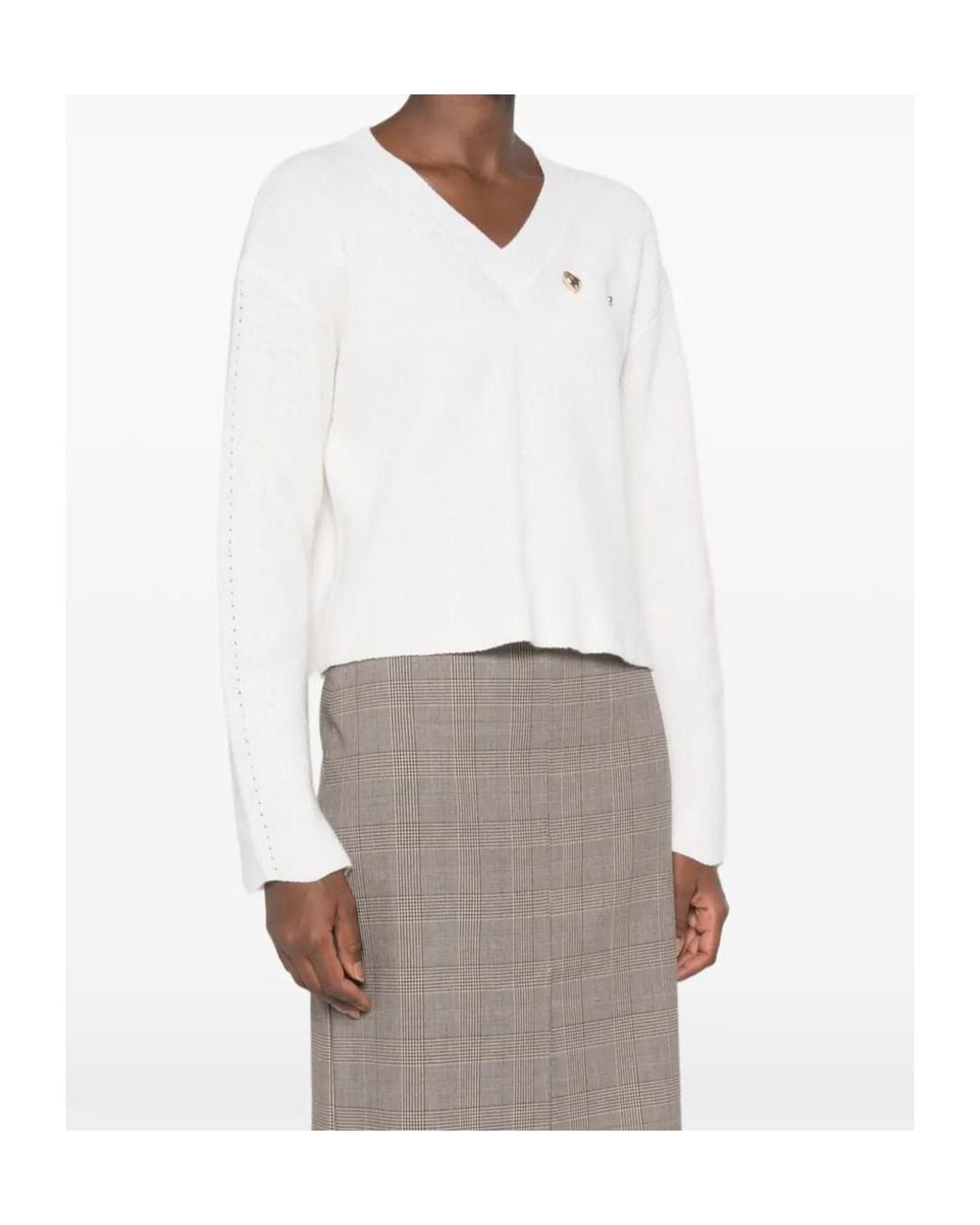Twinset White Ribbed-Knit V-Neck Sweater