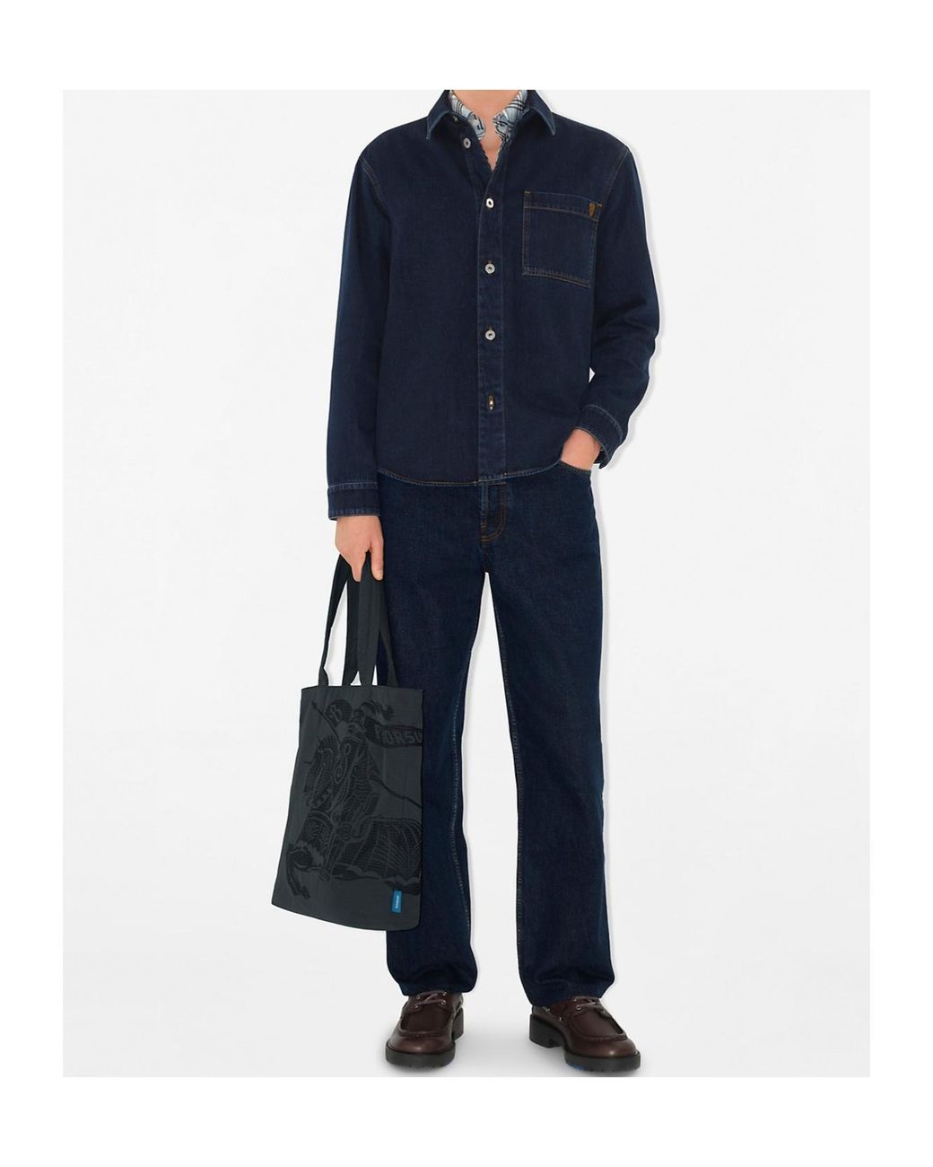 Burberry Blue Logo Embroidered Buttoned Denim Shirt for men