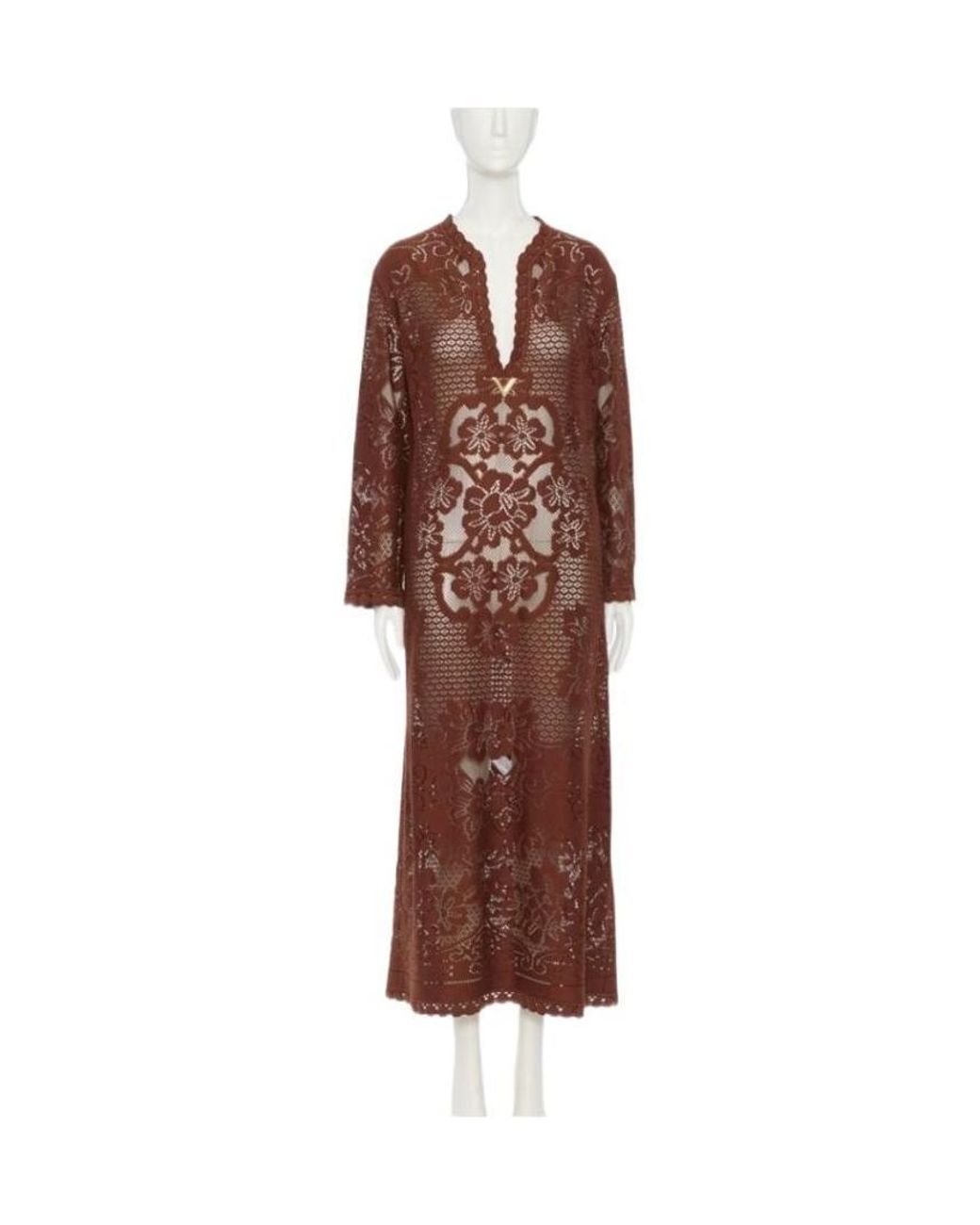 Valentino Brown Embroidered-Lace Overlay Long-Sleeved Midi Dress