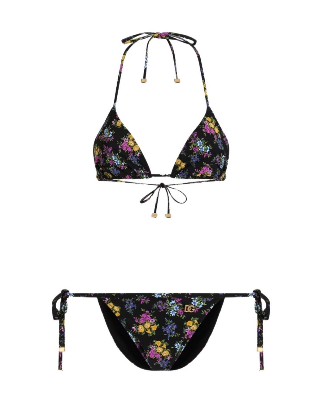 Dolce & Gabbana Black Small Floral-Printed Triangle Bikini Set