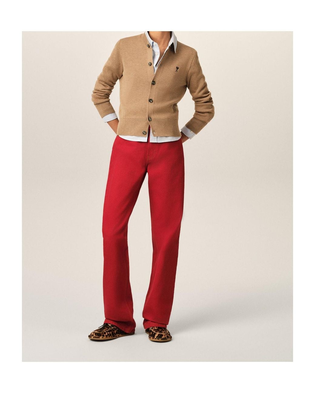 AMI Natural Ami De Coeur Embroidered Wool Crewneck Cardigan