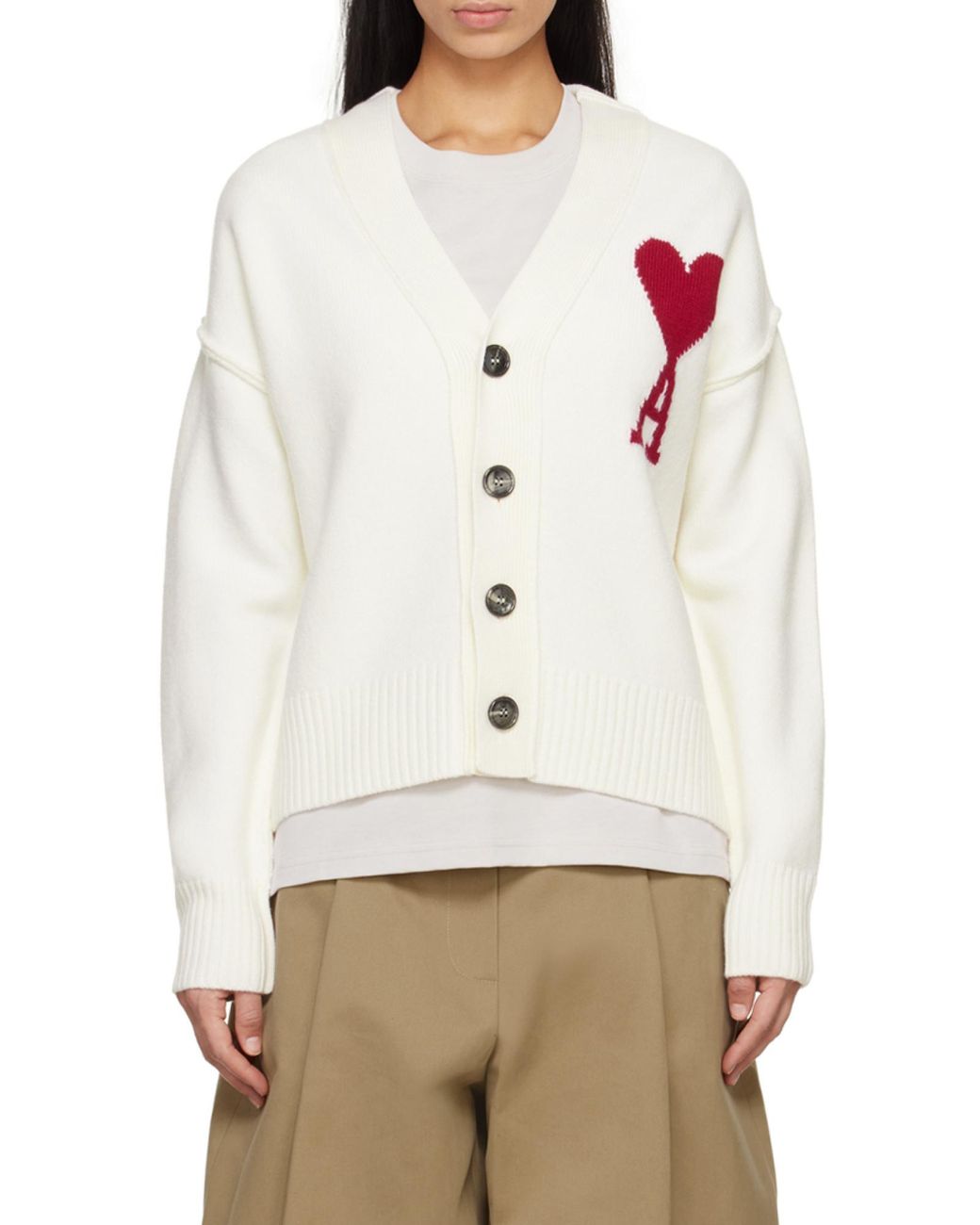 AMI White Ami De Coeur Logo Detailed V-Neck Cardigan for men