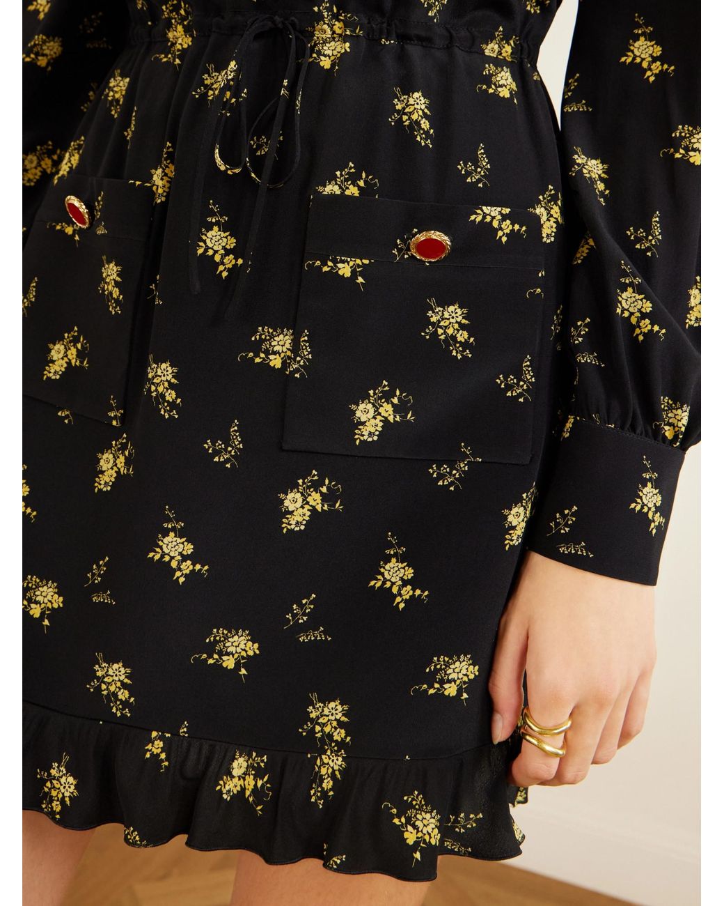 Alessandra Rich Black Ruffled Floral-Print Crepe Mini Dress