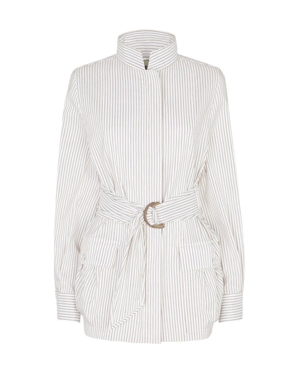 Fendi White Striped Ring Buckle Belted Jacket