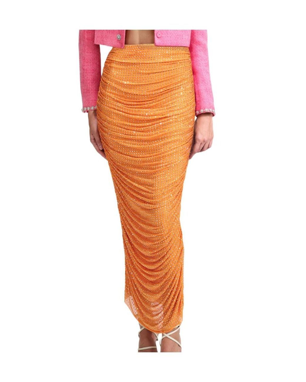 Self-Portrait Red High-Waist Embellished Ruched Midi Skirt