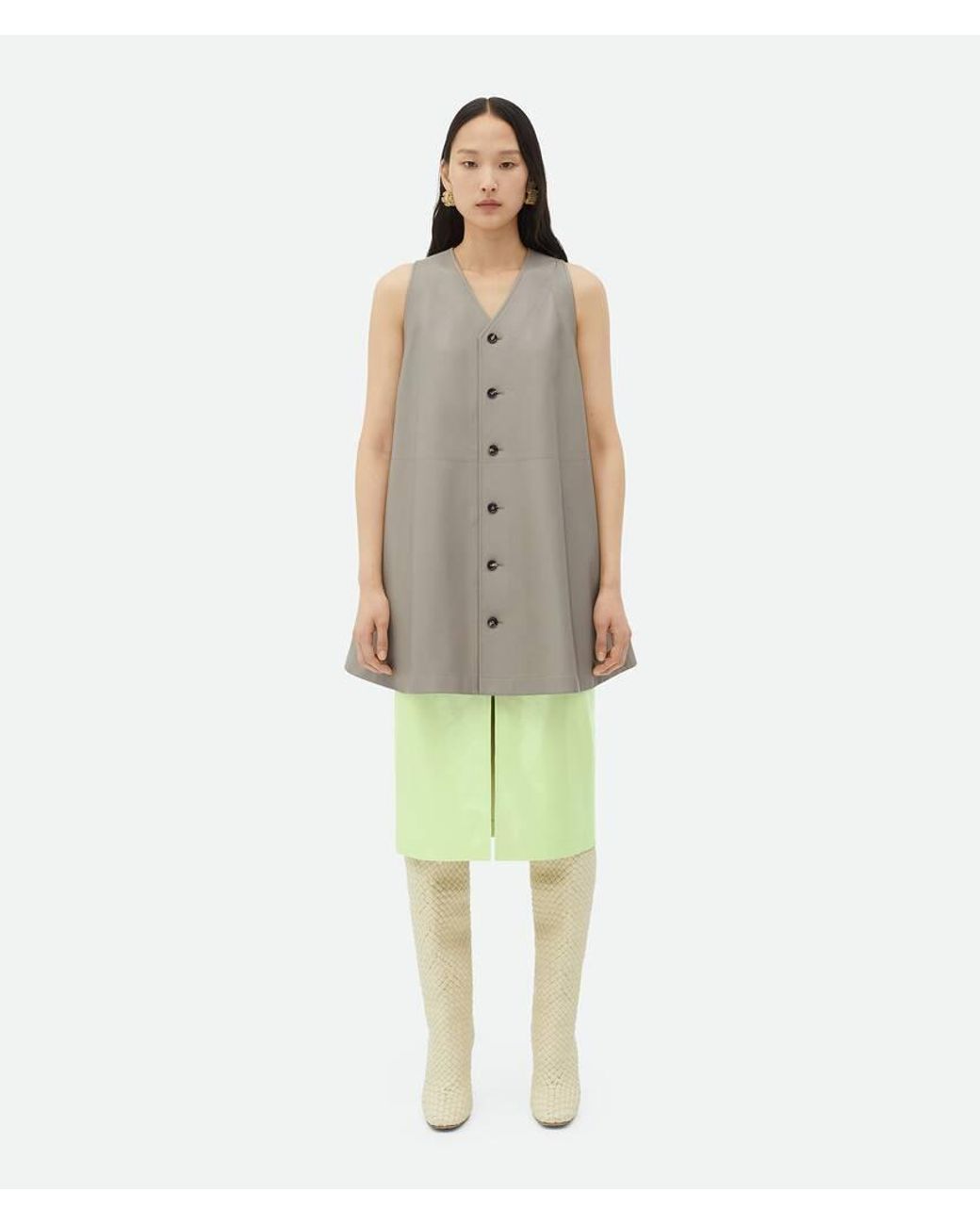 Bottega Veneta Green Shiny Leather Midi Skirt