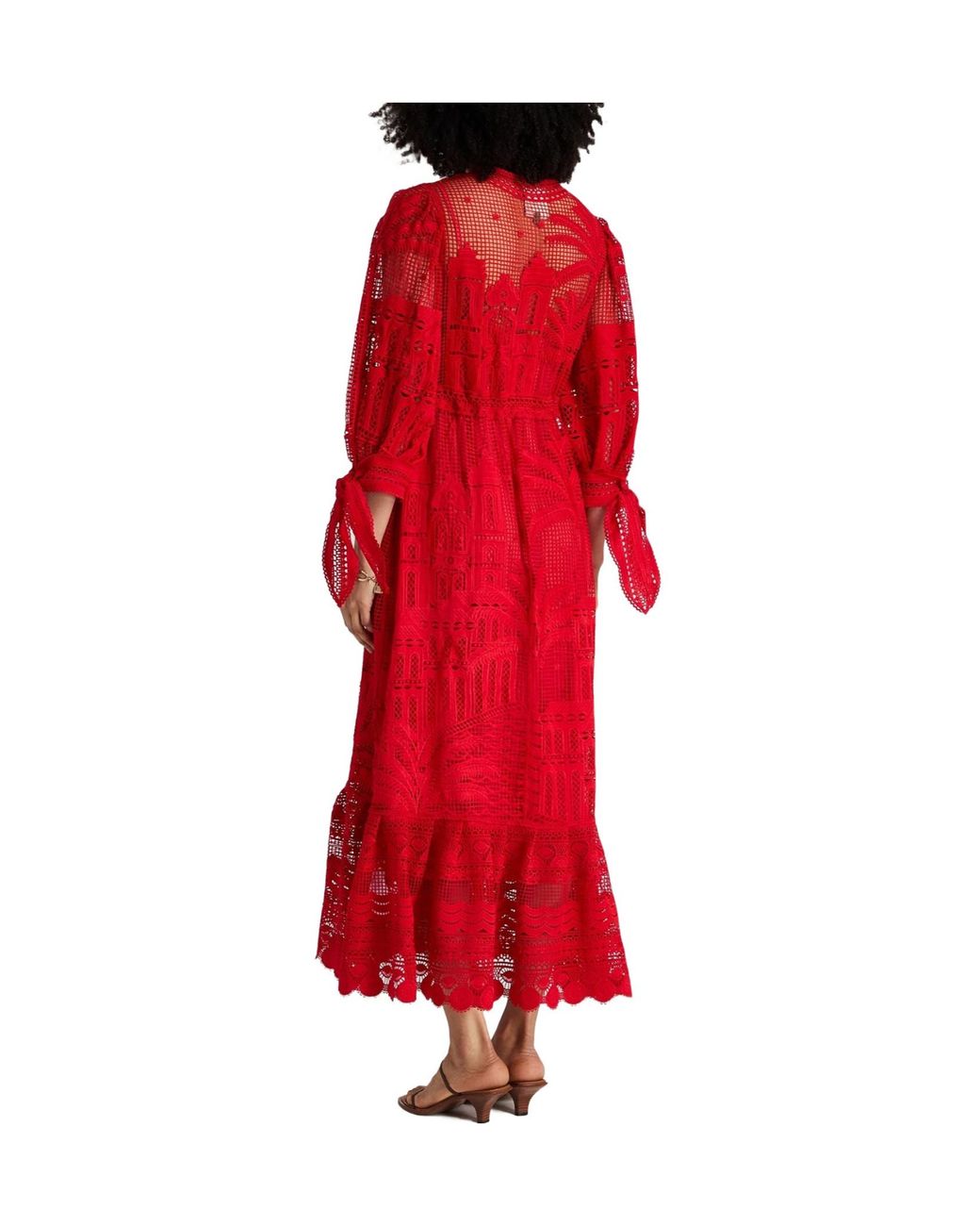 Farm Rio Red Long-Sleeved V-Neck Lace Dress