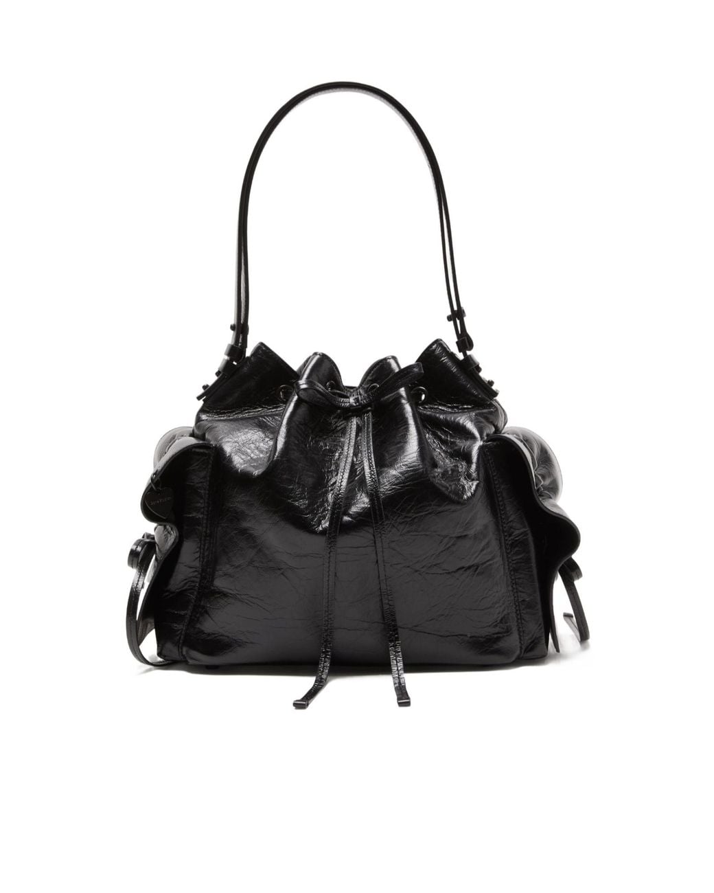 Acne Black Drawstring Ruffled Leather Shoulder Bag