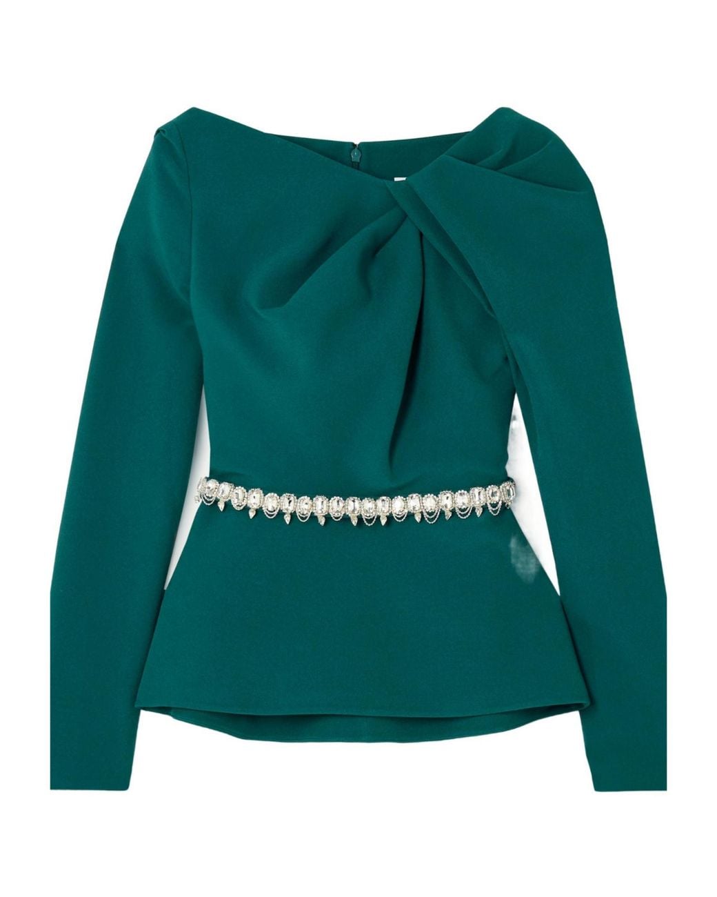 Safiyaa Green Manya Belted Draped Crystal-Embellished Stretch-Crepe Peplum Blouse