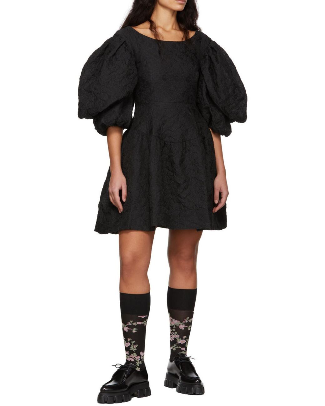 Simone Rocha Black Jacquard Puff-Sleeve Mini Dress