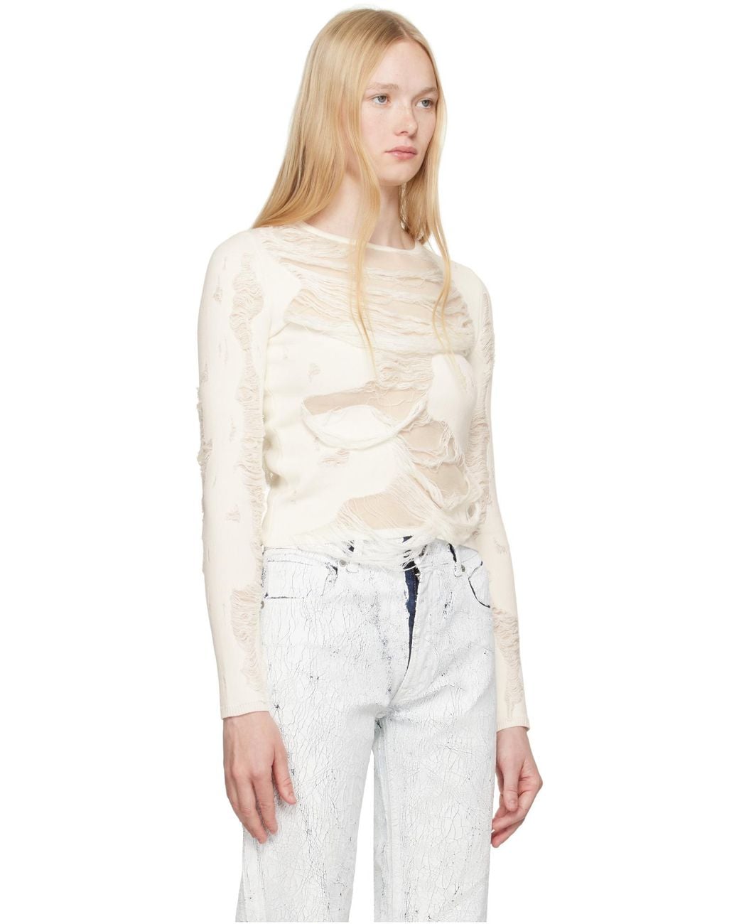 MM6 by Maison Margiela White Distressed Blend Jumper