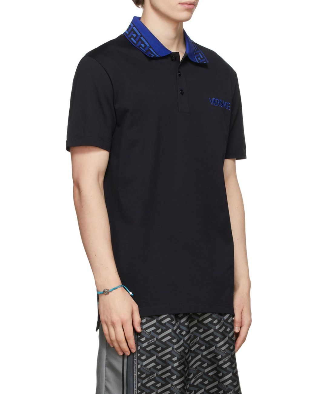 Versace Black Intarsia Logo Short-Sleeved Polo Shirt for men