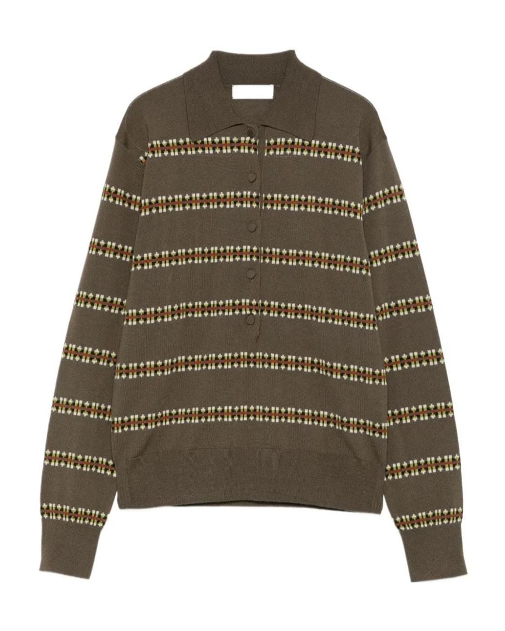Dries Van Noten Green Striped Knit Polo Shirt