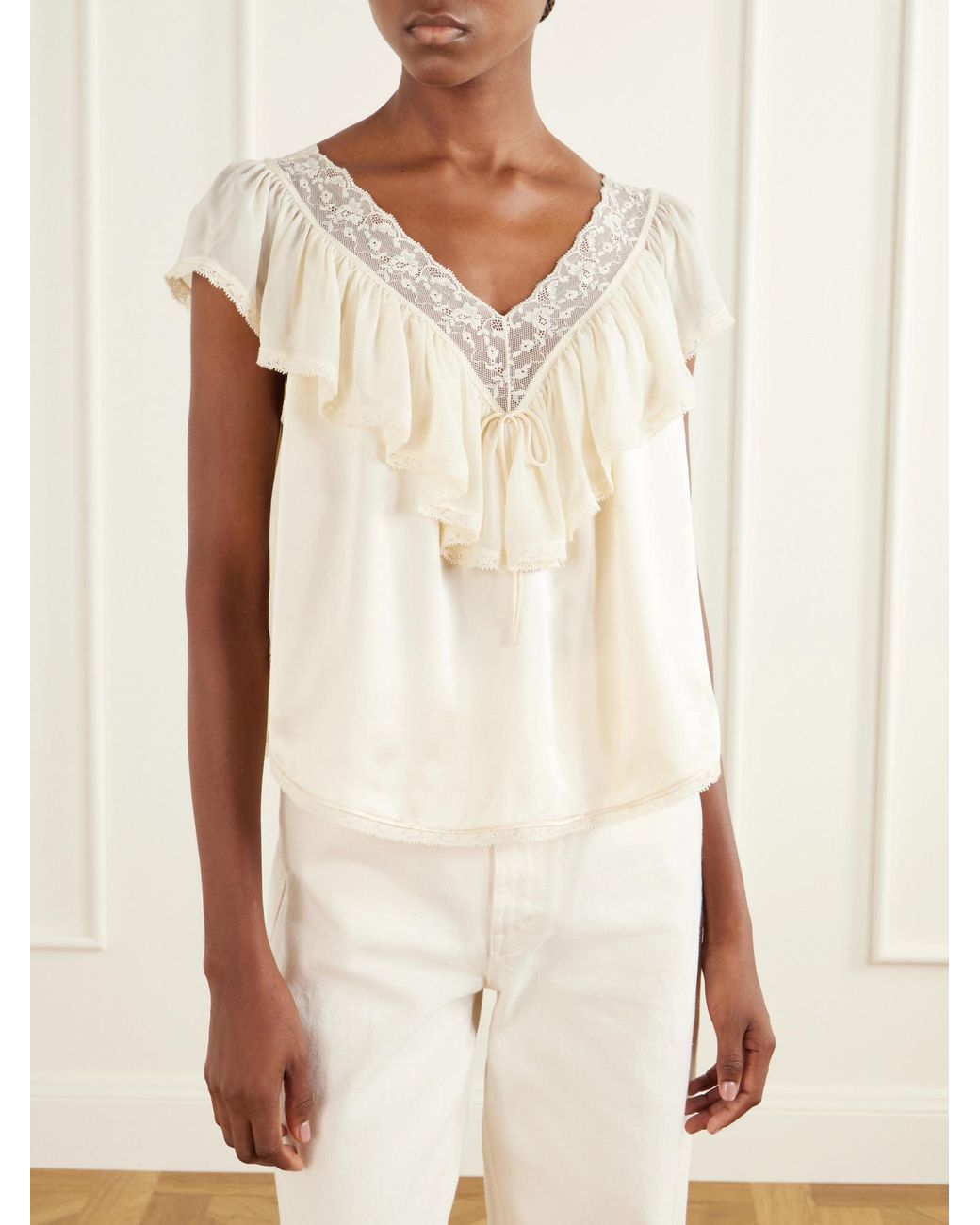 Doen White Ruffled Lace-Trimmed Silk Blouse