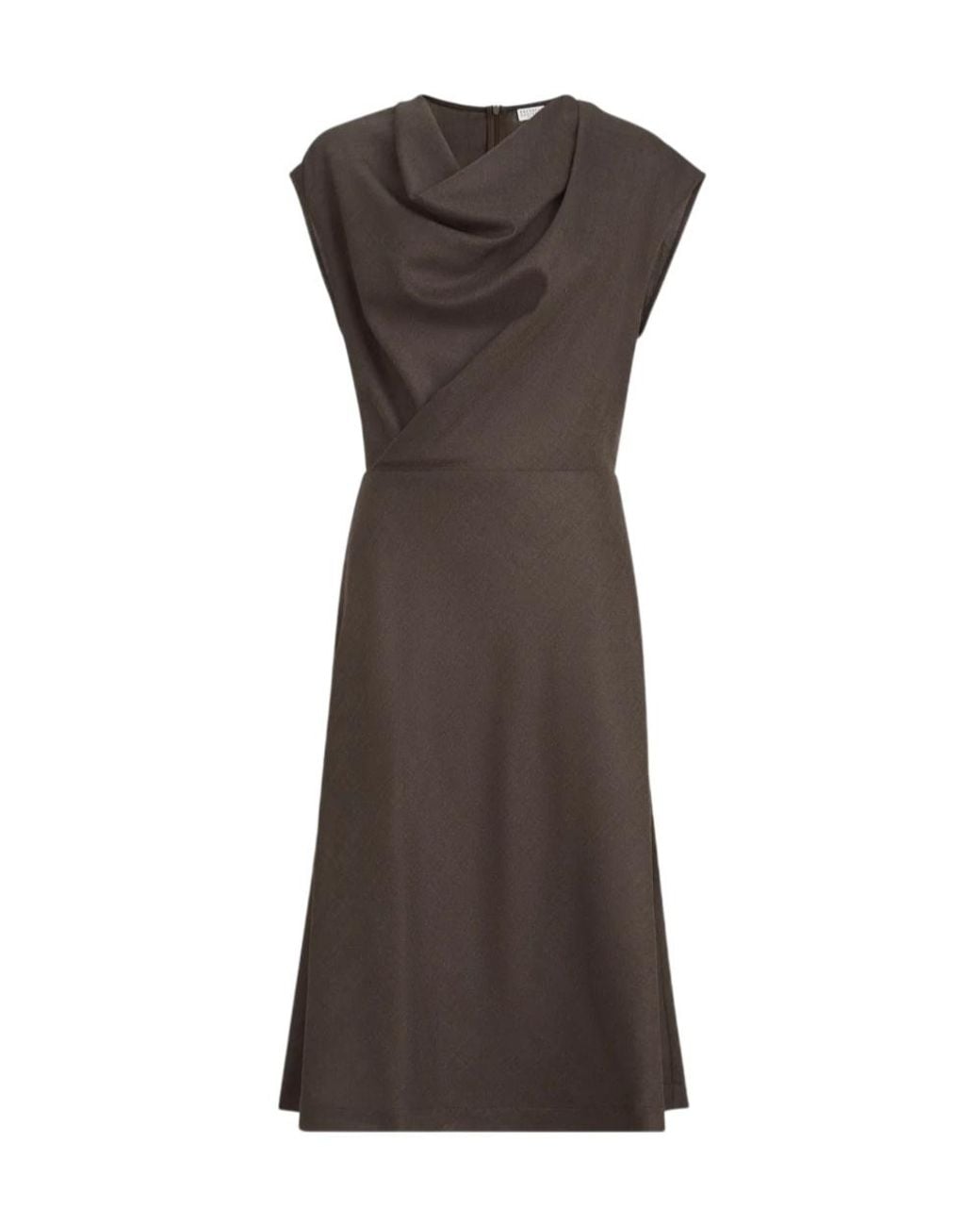 Brunello Cucinelli Brown Virgin Wool Diagonal Flannel Wrap-Effect Dress With Monili