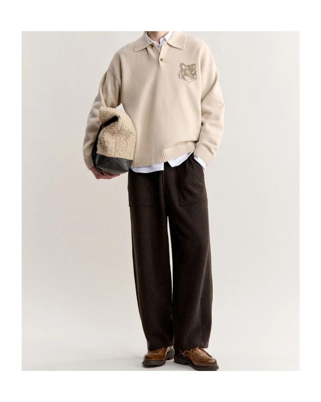 Maison Kitsuné Natural Maison Kitsuné Fox Head Intarsia Polo Jumper for men