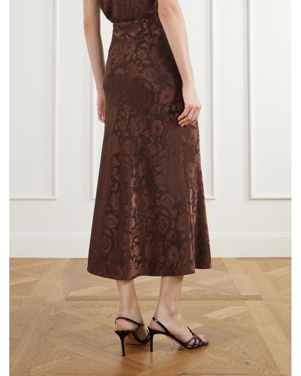 Veronica Beard Brown Floral-Jacquard Silk-Blend Satin Midi Skirt