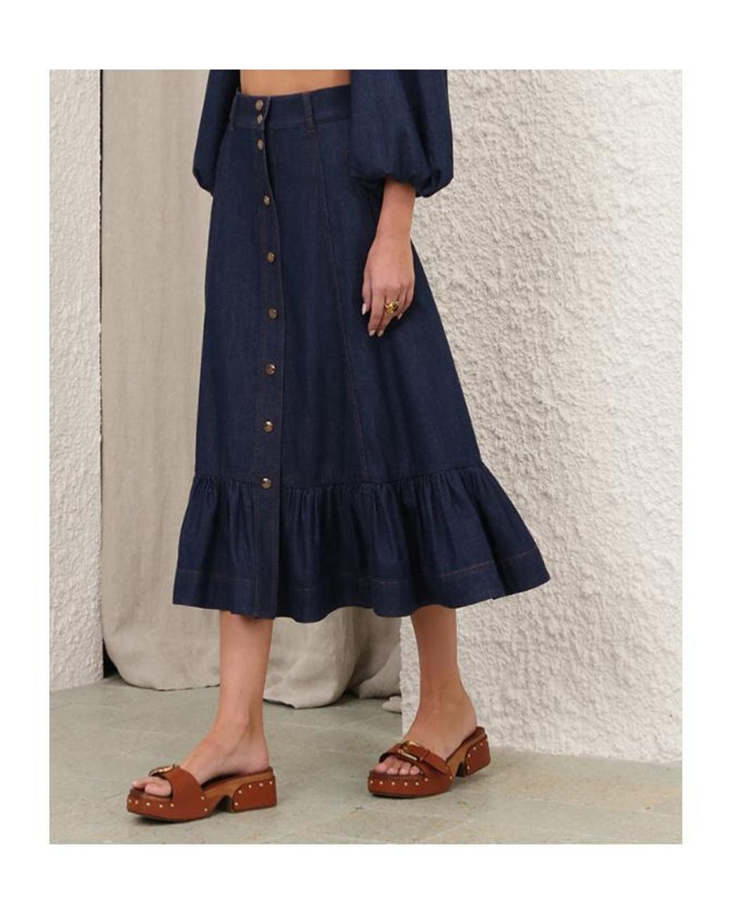 Zimmermann Blue Aster Denim Frill Midi Skirt