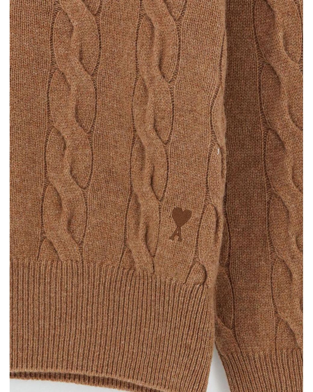 AMI Brown Ami Cable Knit Crew Neck Knitted Sweater for men