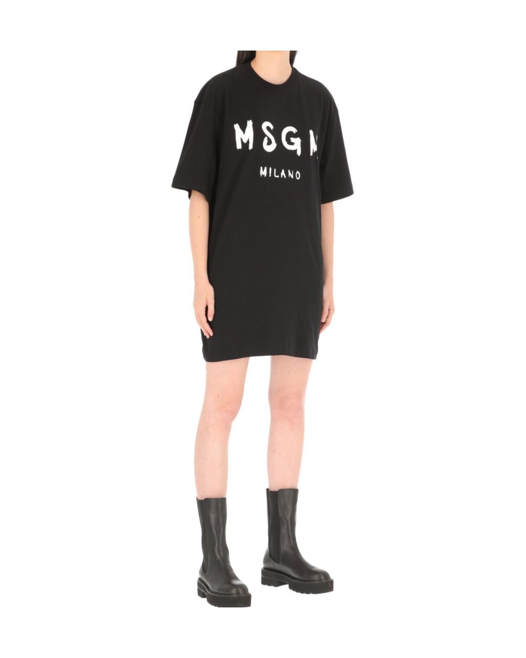 MSGM Black Logo Printed Crewneck T-Shirt Dress
