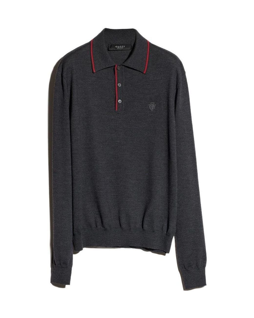 Gucci Black Crest-Embroidered Long-Sleeve Polo Shirt for men
