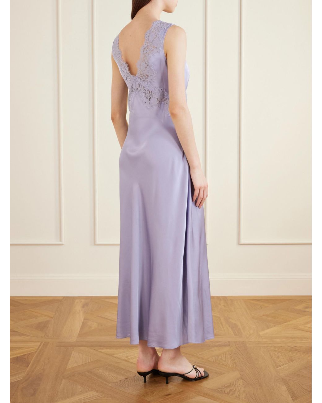 Rixo Purple Lace-Trimmed Satin Maxi Dress
