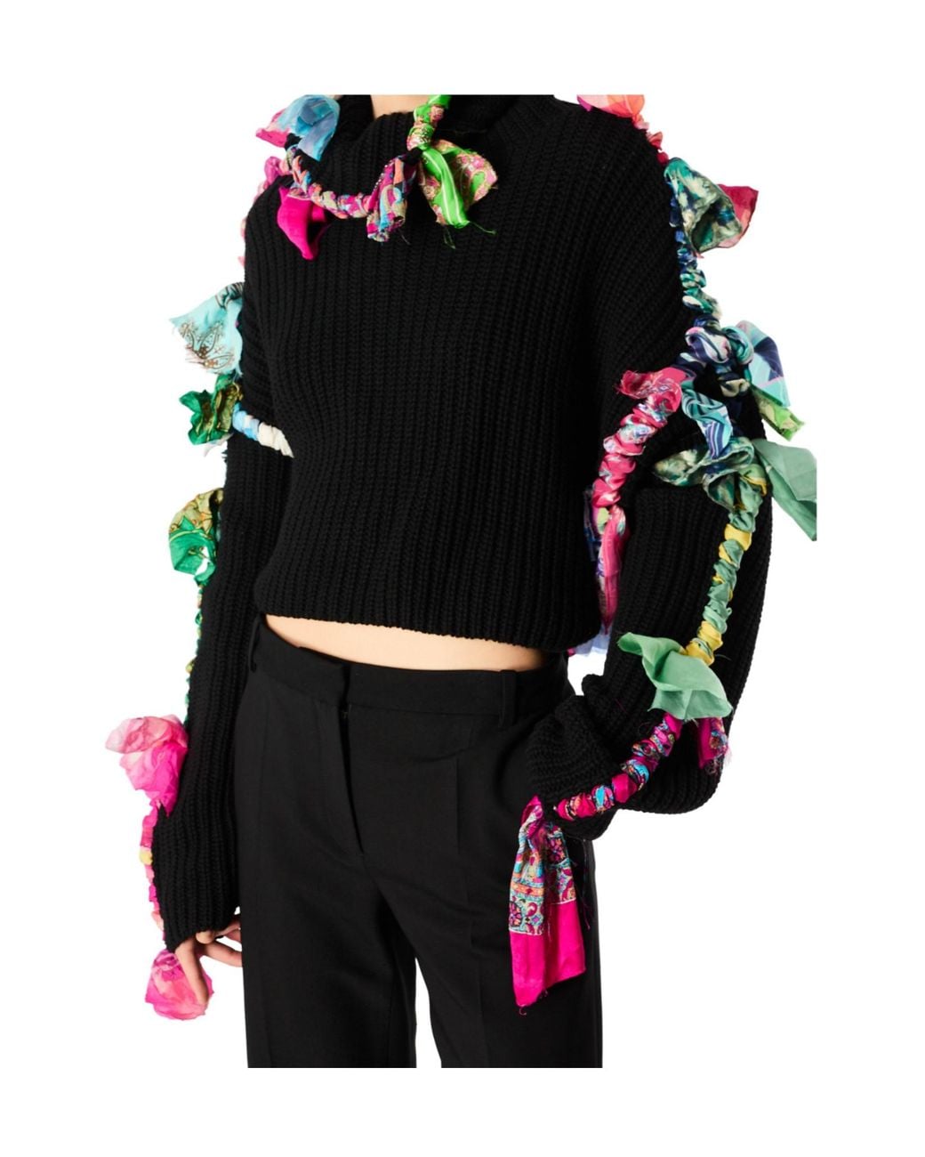 MARINE SERRE Black Regenerated Silk Scarves Cropped High Neck Sweater