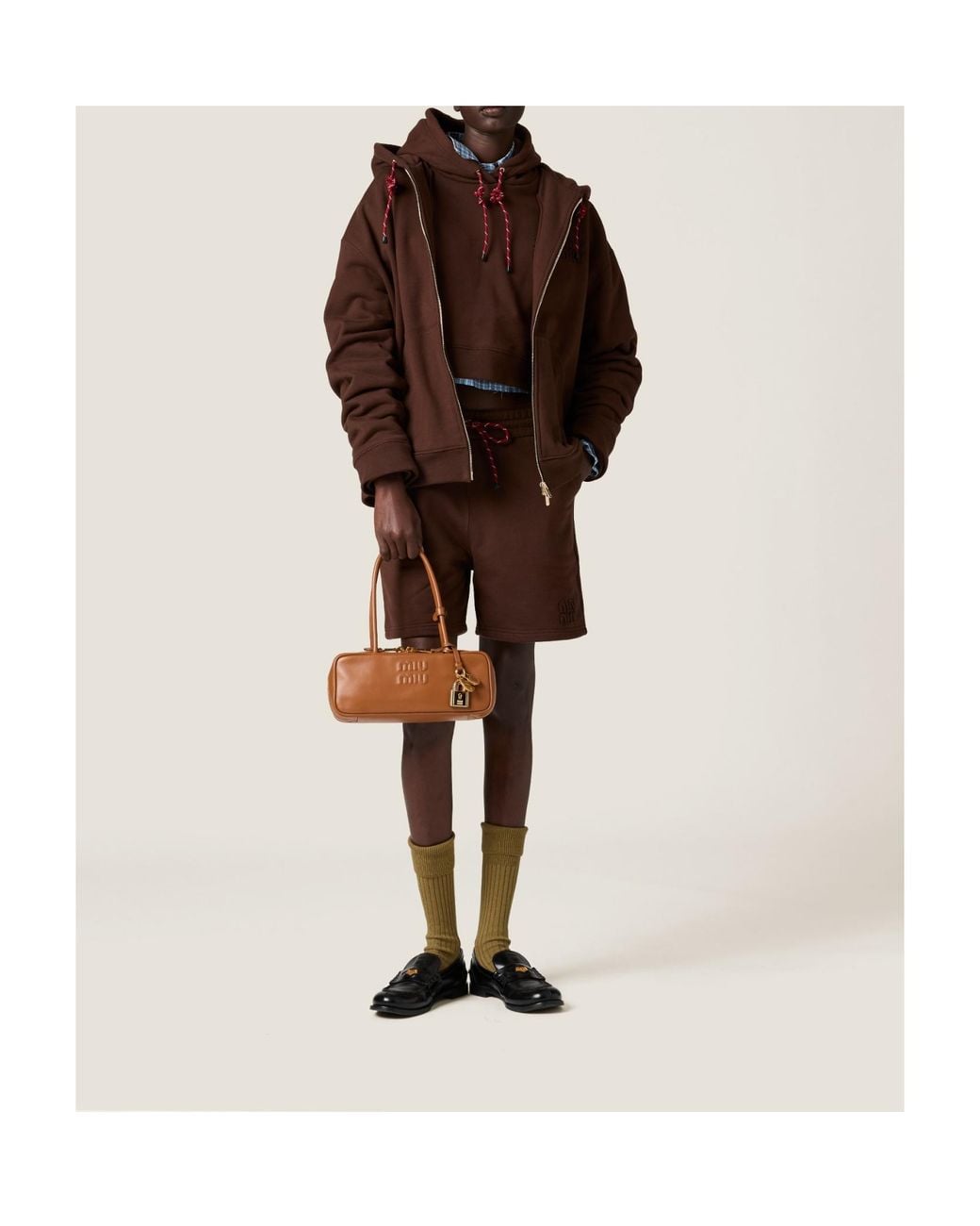 Miu Miu Brown Drawstring Cropped Hoodie