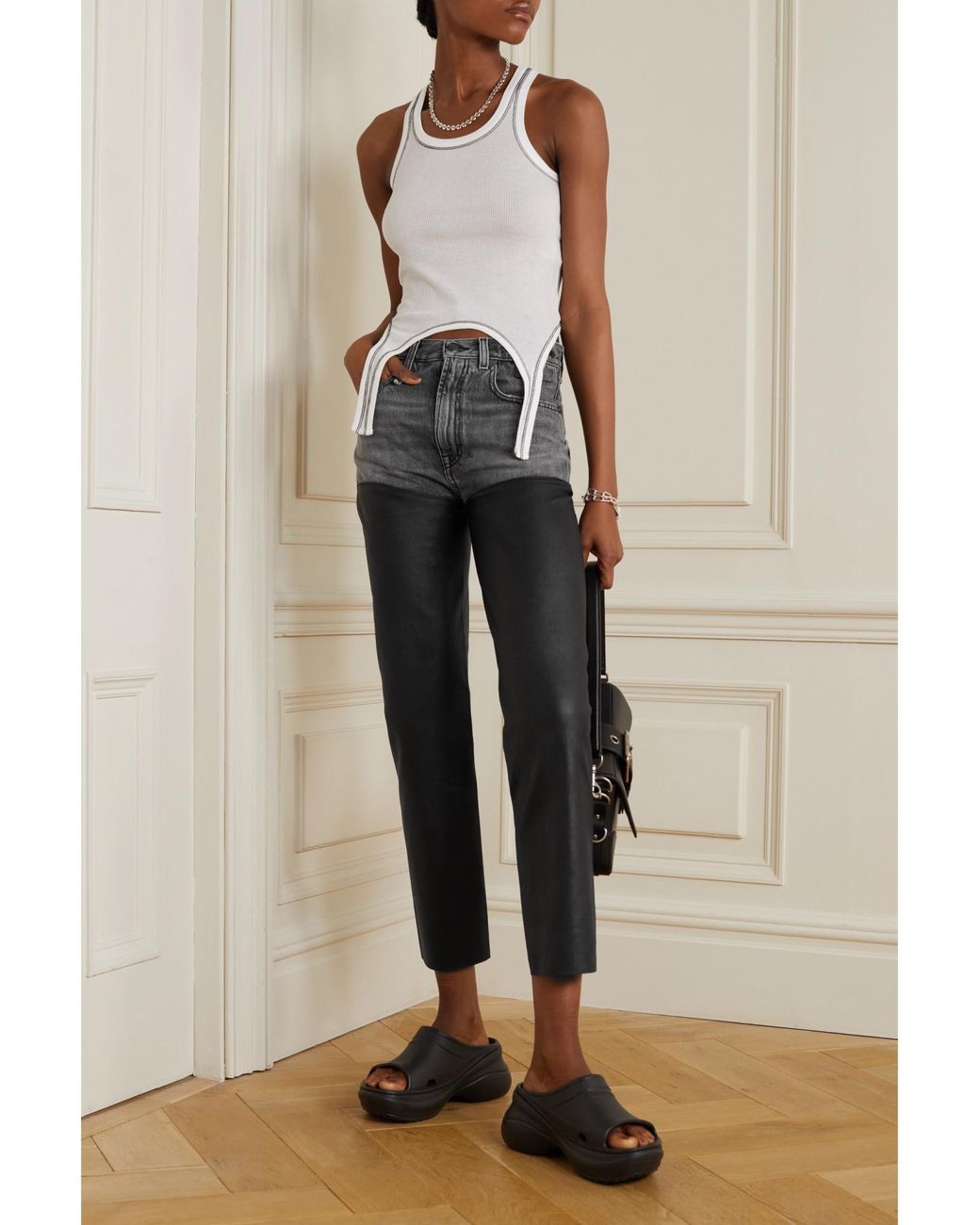 R13 Gray High-Waisted Leather-Paneled Jeans