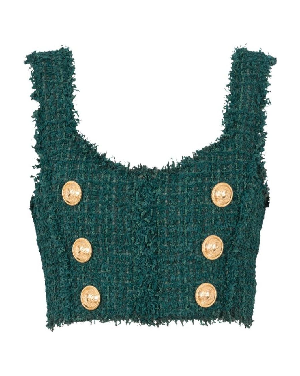 Balmain Green Tweed Crop Top