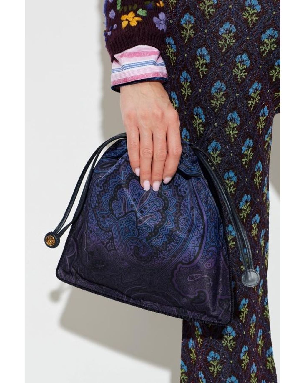 Etro Blue Paisley Drawstring Bucket Bag