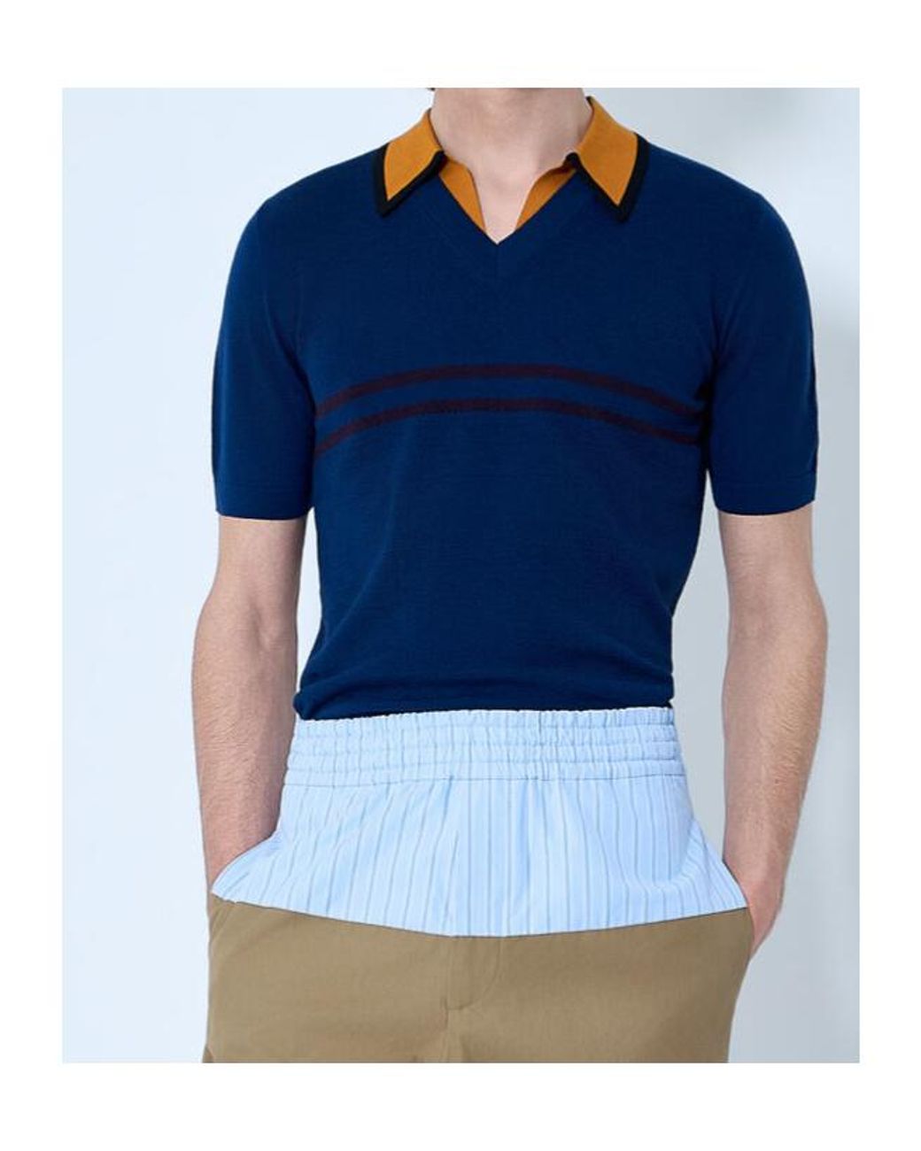 Dries Van Noten Blue Striped Collared Knitted Top for men